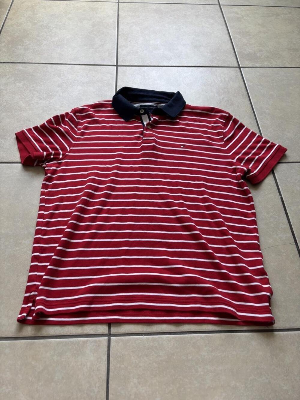 Tommy Hilfiger Polo Shirt Mens Large Red White Striped Cotton Jersey Casual